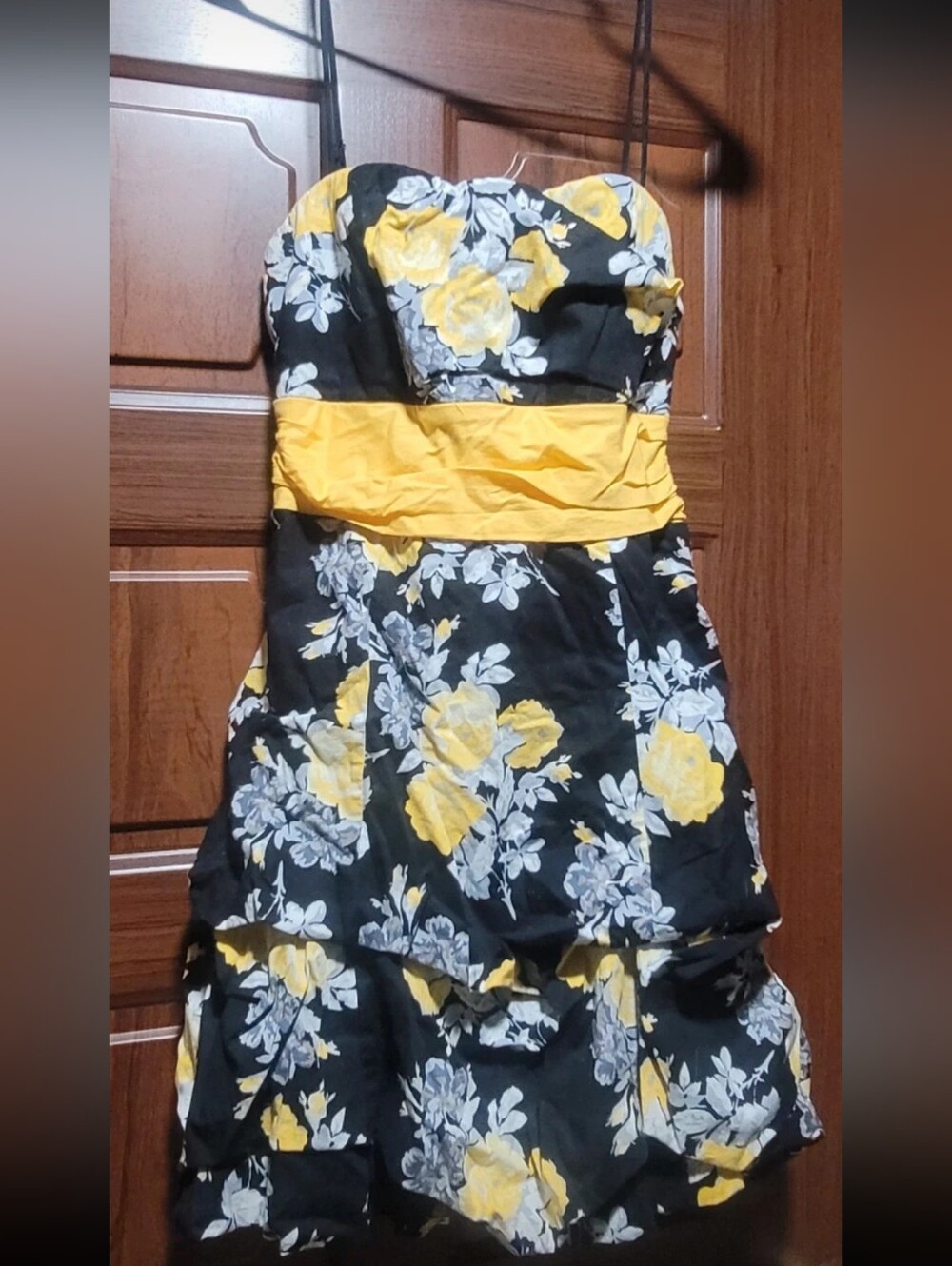 Speechless Black Floral Strapless Dress with Yellow Accents